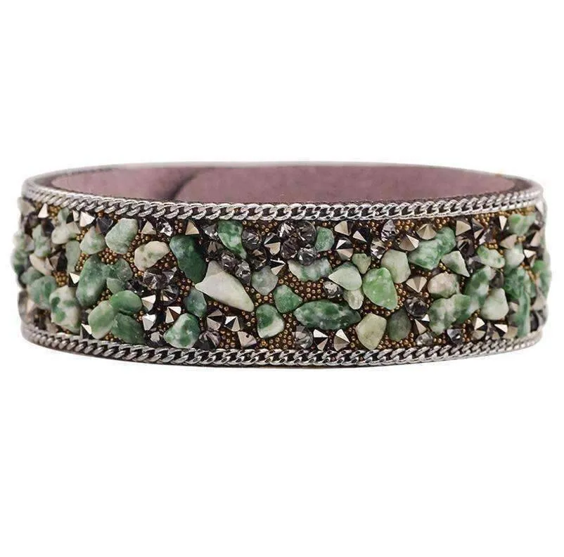 Treasure Genuine Gemstone And Crystal Encrusted Sueded Leather Wrap Bracelet for Women