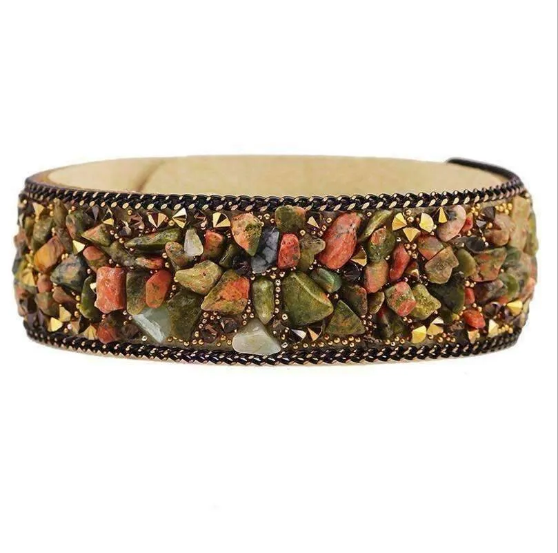 Treasure Genuine Gemstone And Crystal Encrusted Sueded Leather Wrap Bracelet for Women