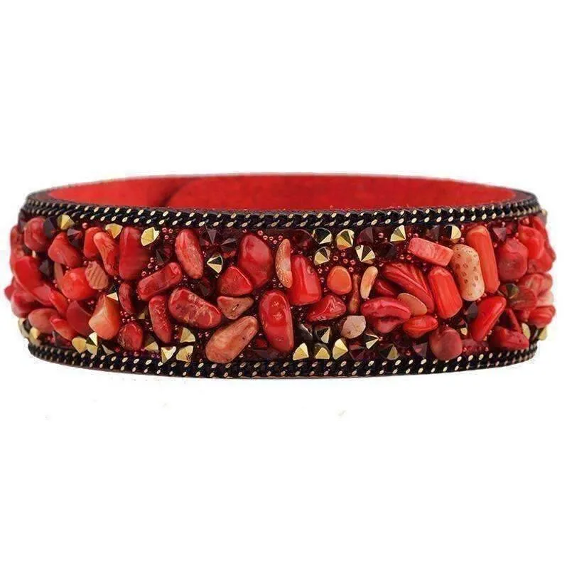 Treasure Genuine Gemstone And Crystal Encrusted Sueded Leather Wrap Bracelet for Women