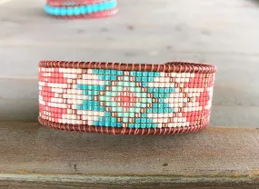 Turquoise and Coral Tribal Pattern Bead Loom Bracelet