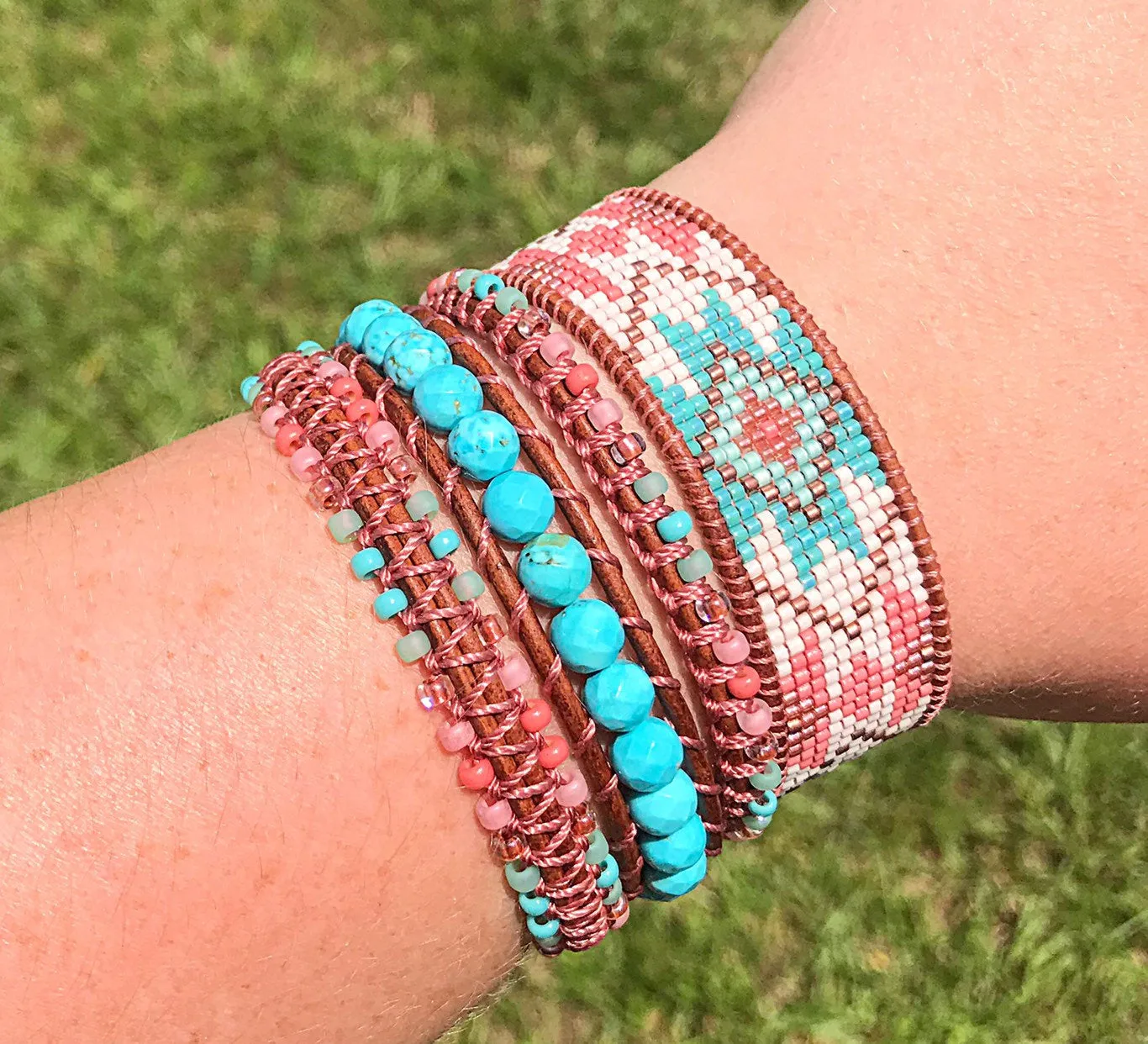 Turquoise and Coral Tribal Pattern Bead Loom Bracelet