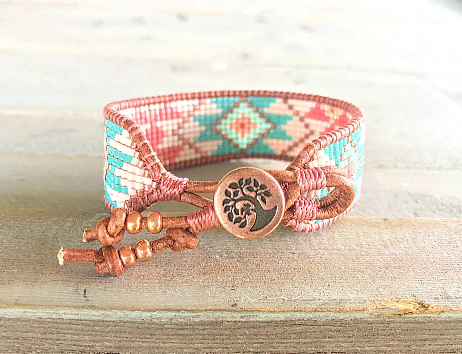 Turquoise and Coral Tribal Pattern Bead Loom Bracelet