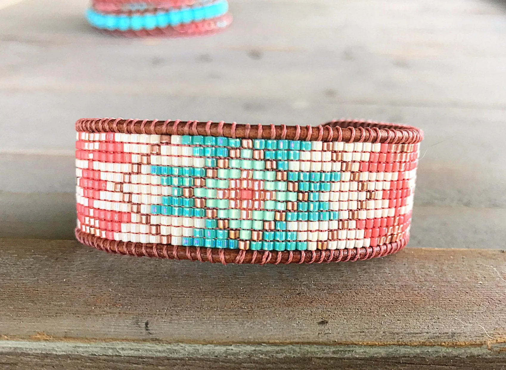 Turquoise and Coral Tribal Pattern Bead Loom Bracelet