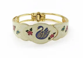 Vintage Cloisonne Hinged Clamper Bracelet with Swan