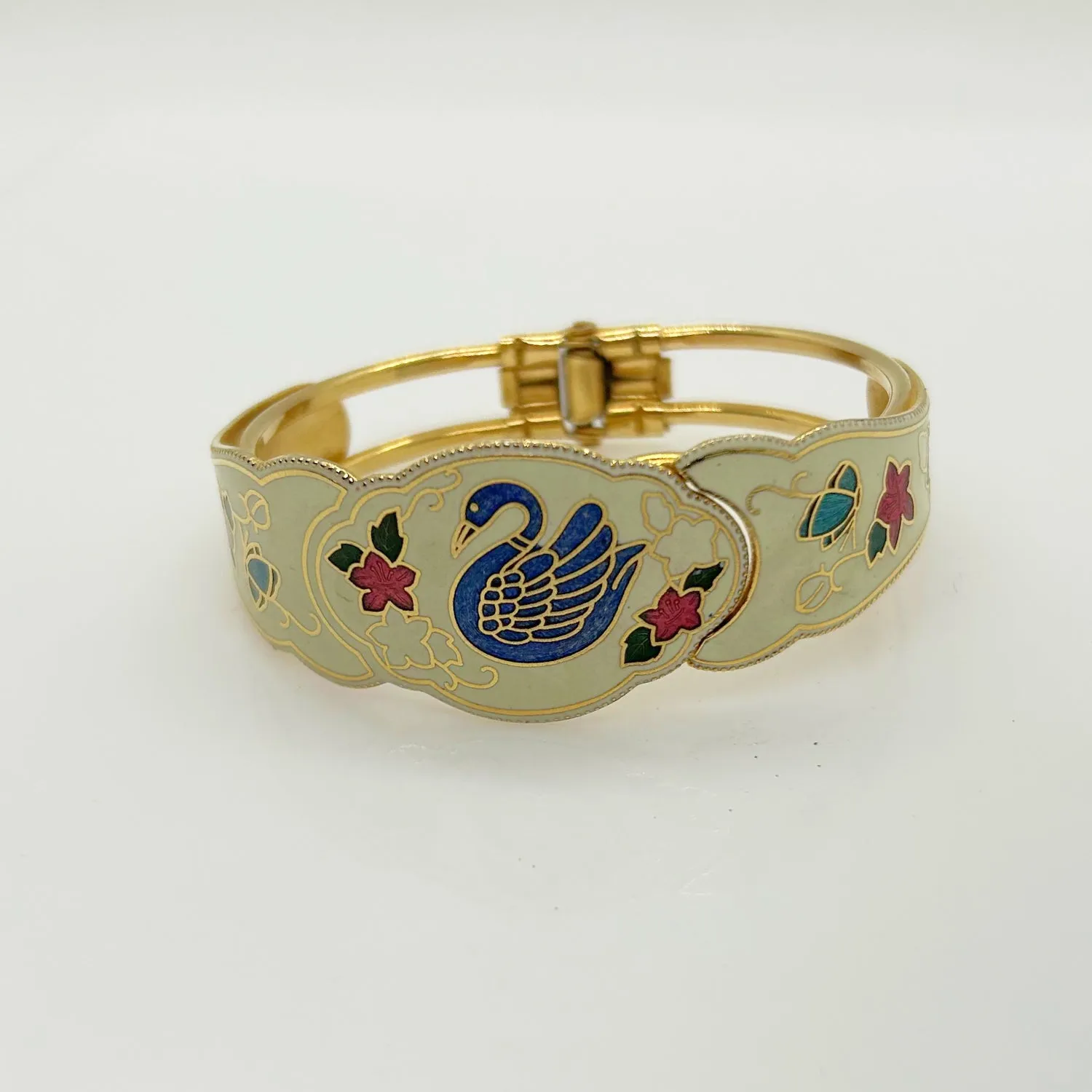 Vintage Cloisonne Hinged Clamper Bracelet with Swan
