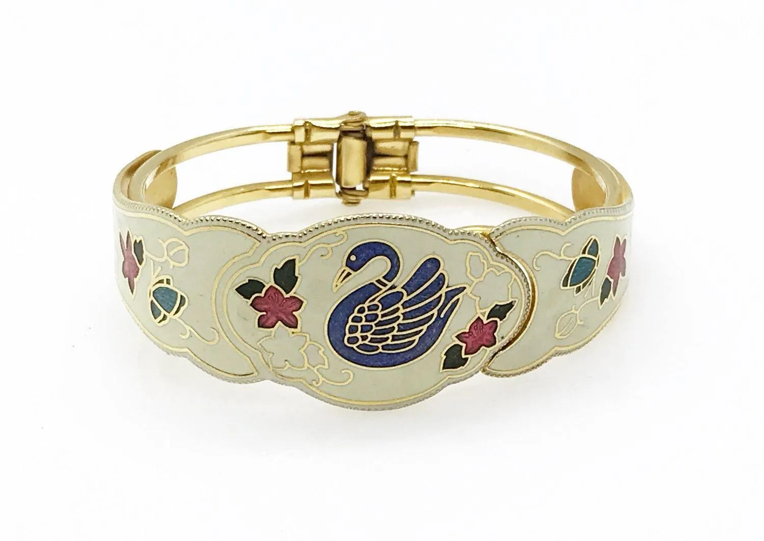 Vintage Cloisonne Hinged Clamper Bracelet with Swan