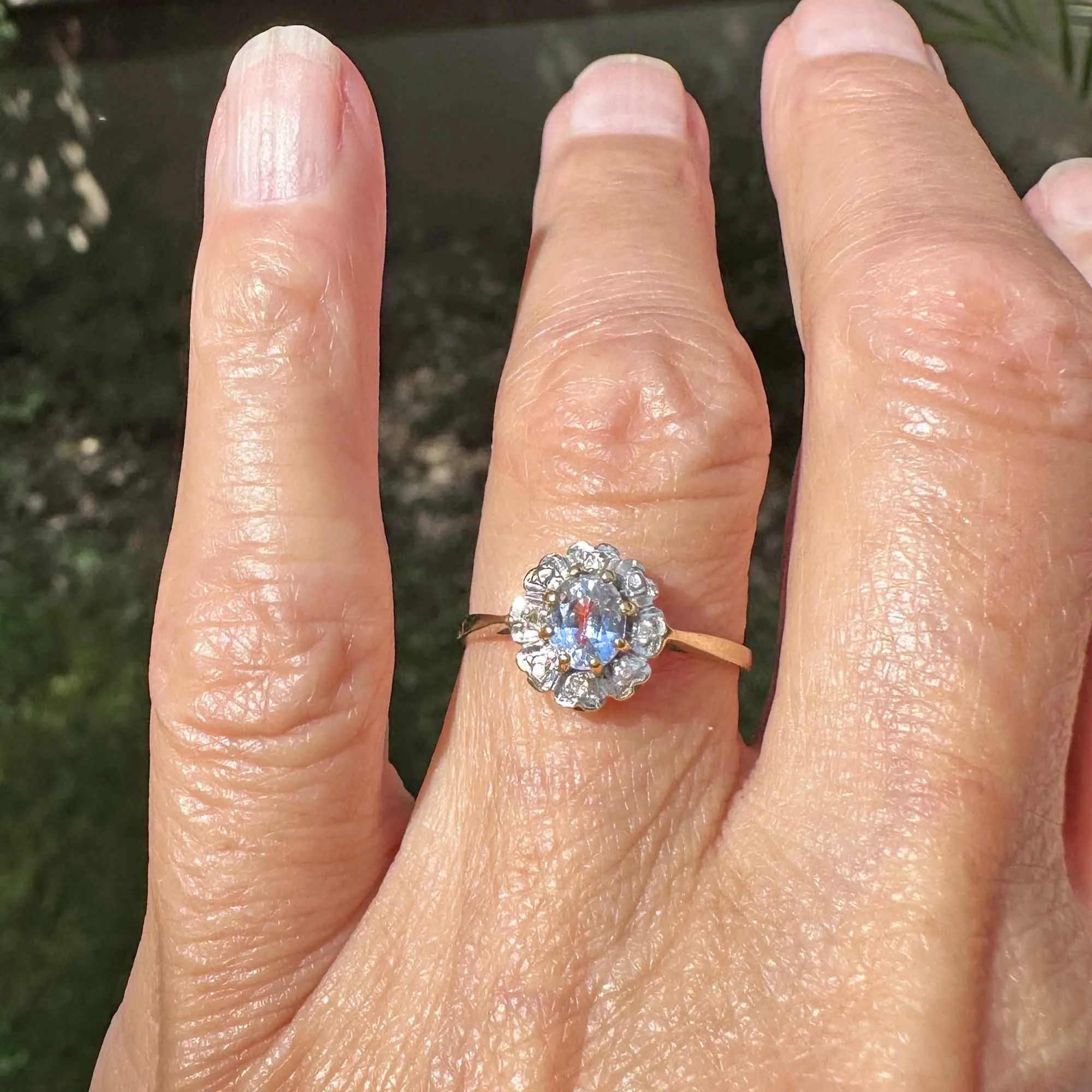 Vintage Gold Diamond Cluster Halo Aquamarine Ring
