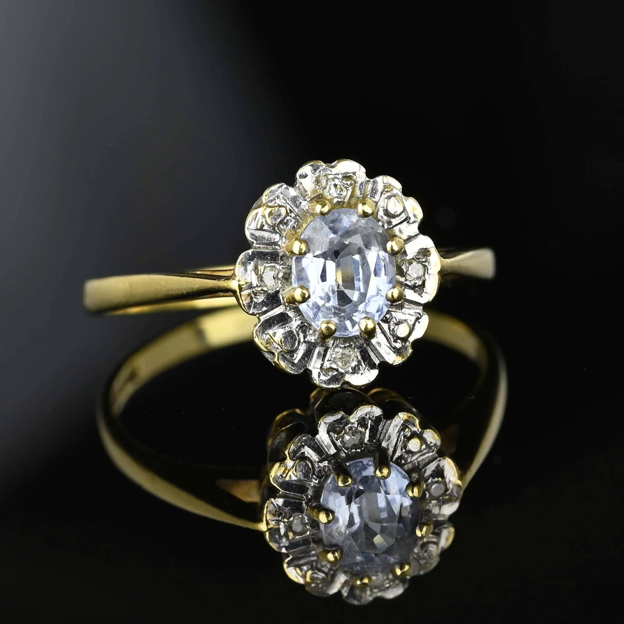 Vintage Gold Diamond Cluster Halo Aquamarine Ring
