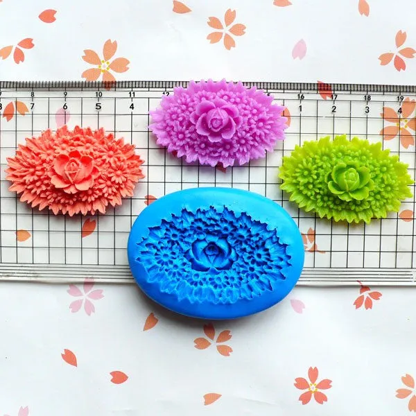 Vintage Oval Flower Mold Rose Barrette Cameo Mold 44mm Flexible Silicone Mold Cupcake Topper Mold Flower Jewelry Clay Cabochon Mold MD800