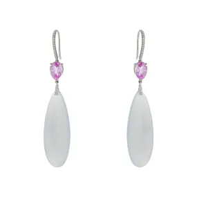 White Jade, Pink Sapphire and Diamond Drop Earrings