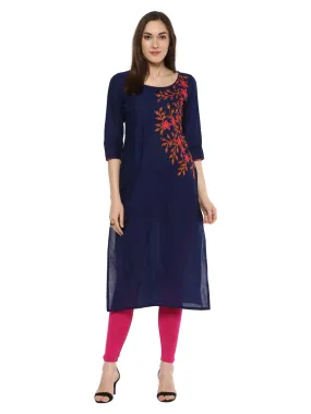 Women Coral Blue Ajrakh Hand Block Cotton Printed Floral Kurta
