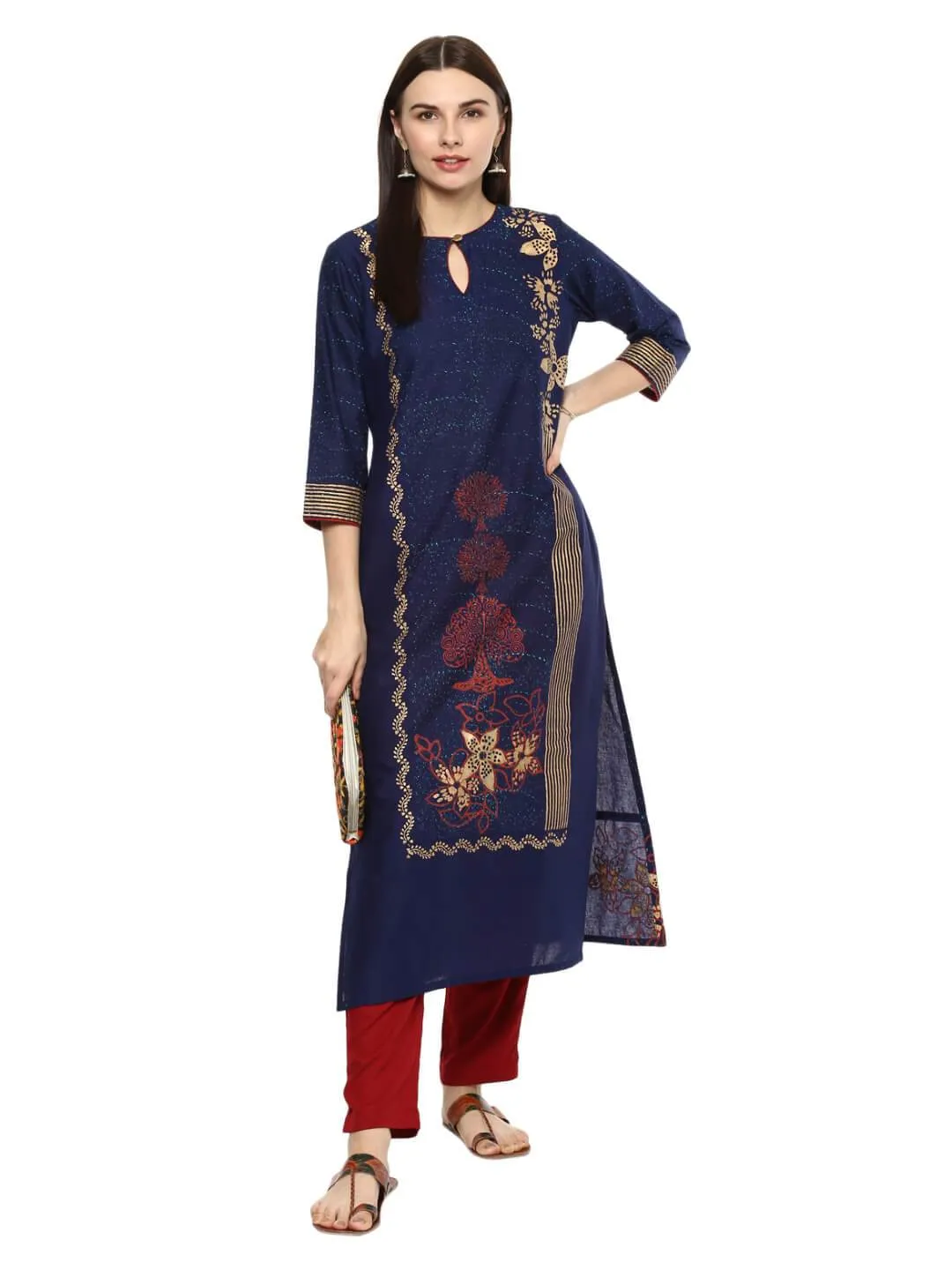 Women Coral Blue Ajrakh Hand Block Cotton Printed Kurta - Noor