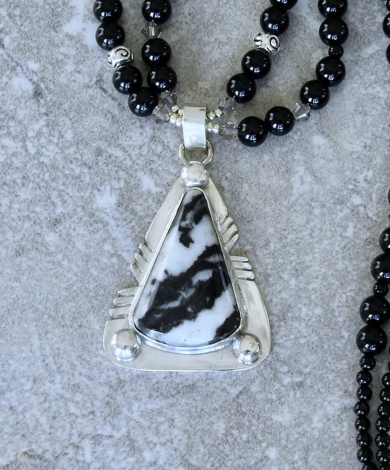 Zebra Jasper and Sterling Silver Pendant with 2 Strands of Black Onyx Rounds and Sterling Silver Beads & Toggle Clasp
